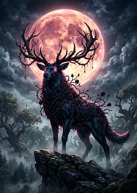 Dark Stag with Roses Under Blood Moon
