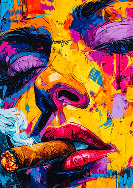 Abstract Colorful Smoking Woman Painting
