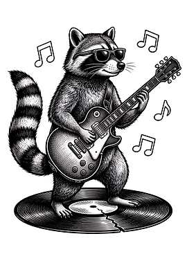 Raccoon playing electric guitar on vinyl record