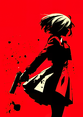 Anime Girl with Gun on Red Background