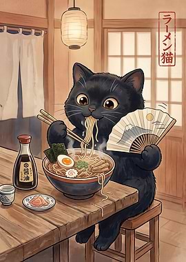 Black Cat Eating Ramen with Fan