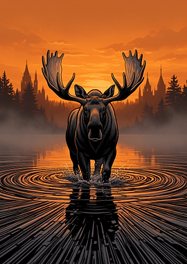 Moose in a lake at sunset
