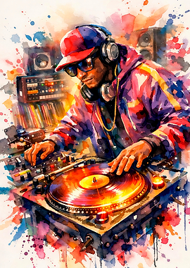 DJ spinning records in vibrant watercolor