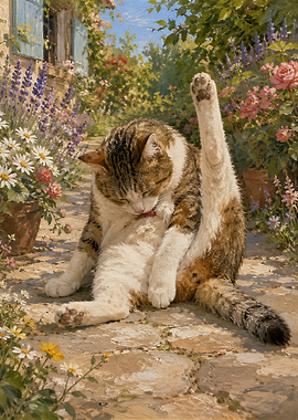 Cat grooming in a garden Brown Tabby Funny Poster