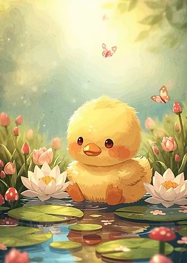Cute Duckling in a Pond