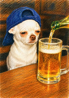 Chihuahua in a Blue Cap with Beer