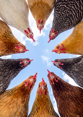 Chickens looking down from above