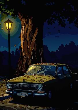Vintage Car Under Streetlight at Night