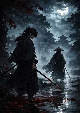 Samurai duel under the moon