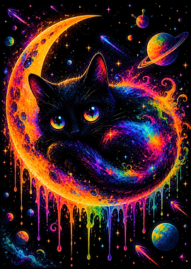 Cosmic Black Cat on Crescent Moon
