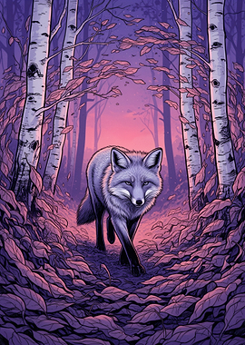 Fox walking through a purple forest