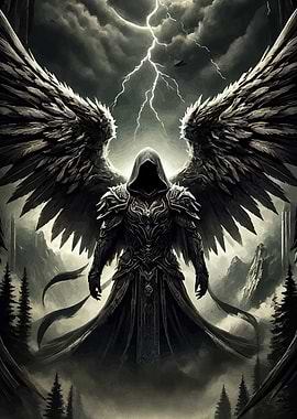 Dark Angel Warrior in Stormy Landscape