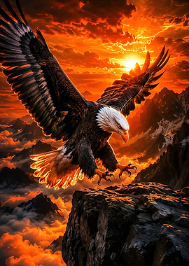 Eagle Soaring Over Mountains at Sunset