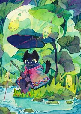 Black Cat Fishing in a Magical Forest