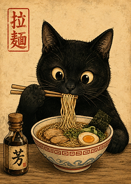 Black Cat Eating Ramen