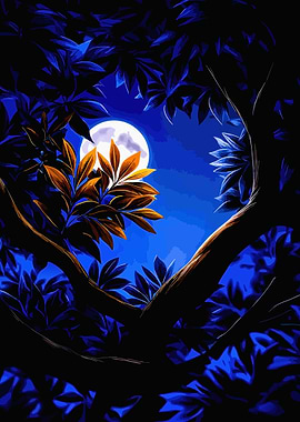 Moonlit Night Through Tree Branches