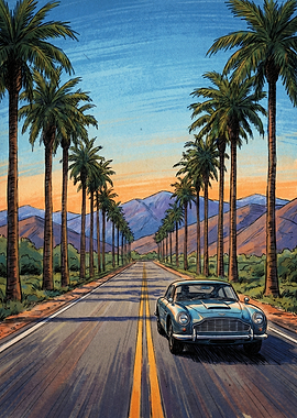 Classic Car on Palm Tree Lined Road