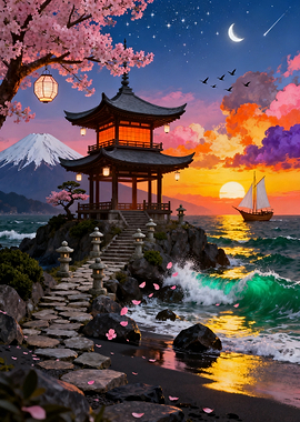 Serene Japanese Pagoda at Sunset Sea Beach