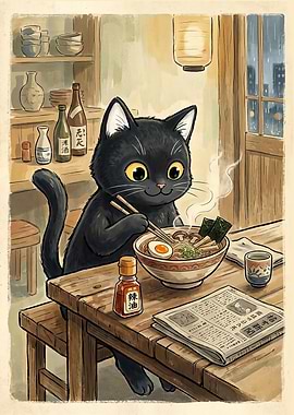 Black Cat Enjoying Ramen