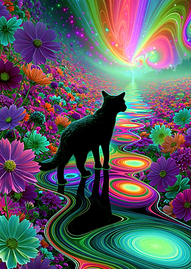 Black Cat in a Psychedelic Floral Landscape