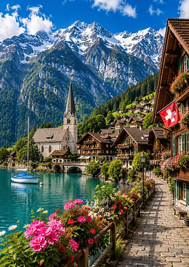 Alpine Village by a Turquoise Lake