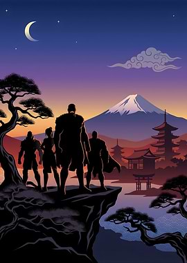 Heroes overlooking Mount Fuji at sunset