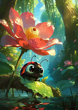 Cute Ladybug Under a Lotus Flower