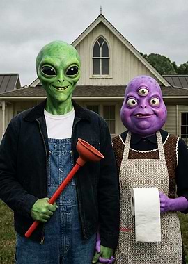 Alien Couple Posing with Household Items - Funny Toilet Humor Saying