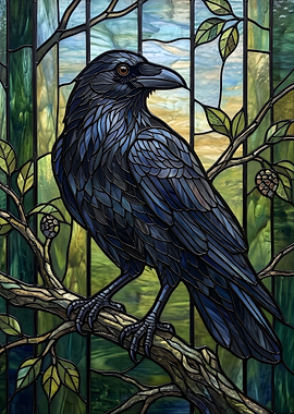 Stained Glass Raven on a Branch