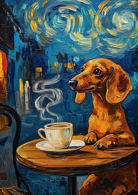 Dachshund Enjoying Coffee in Starry Night Style
