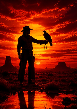 Cowboy with Falcon at Sunset