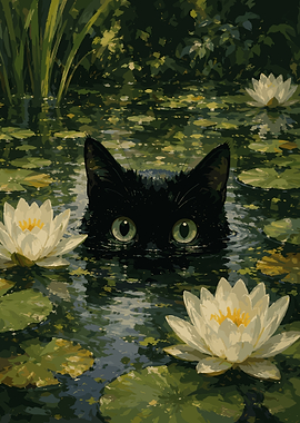 Black Cat Pond Wall Art – Dreamy Water Lily Nature Painting Poster