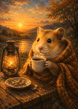 Cozy Hamster Enjoying Coffee at Sunset