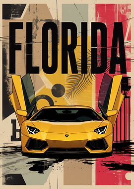 Florida Yellow Sports Car Art
