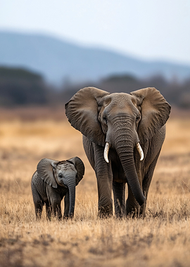 Mother and baby elephant in savanna