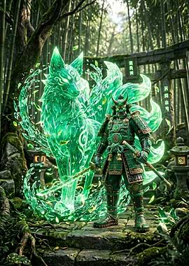 Samurai with Spirit Fox in Bamboo Forest