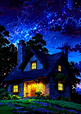 Cozy Stone Cottage Under a Starry Night Sky