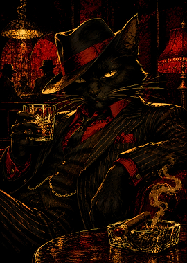 Gangster Cat with Whiskey and Cigar