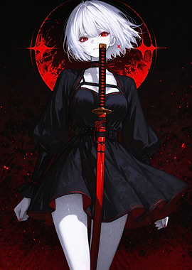 Anime Girl with Katana and Red Moon