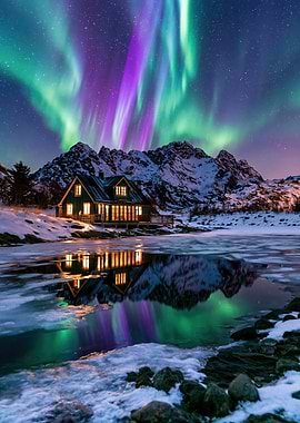 Aurora Borealis over Snowy Cabin