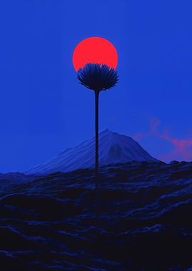 Surreal Landscape with Red Sun and Flower