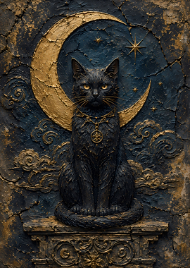 Black Cat with Crescent Moon and Stars