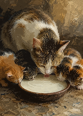 Mother Cat and Kittens Drinking Milk