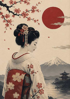 Geisha with Mount Fuji and Cherry Blossoms