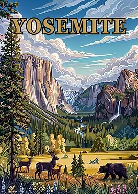 Majestic Yosemite Classic Vintage Style Wildlife Poster