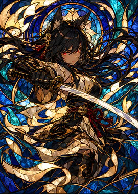 Anime Girl with Katana in Stained Glass
