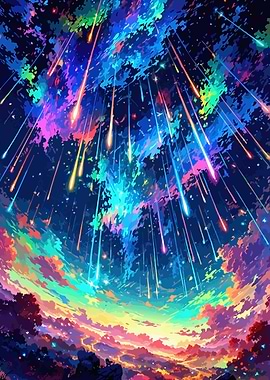 Vibrant Meteor Shower Over Colorful Sky