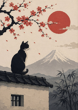 Cat on a Roof with Mount Fuji