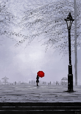 Splah of Red | Girl with Red Umbrella in Rainy Park