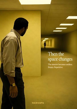 Man in endless yellow hallway